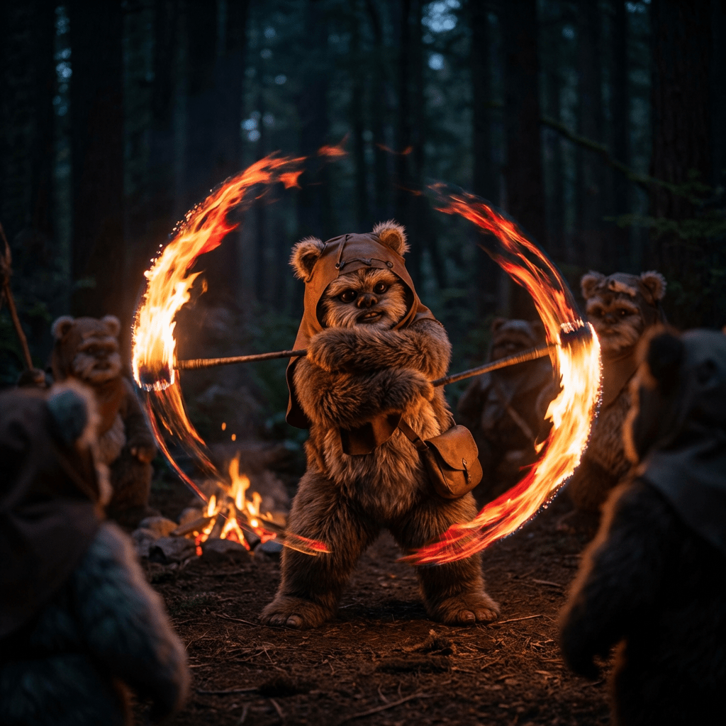 An Ewok spinning a double-ended flaming staff in a dark forest at night.